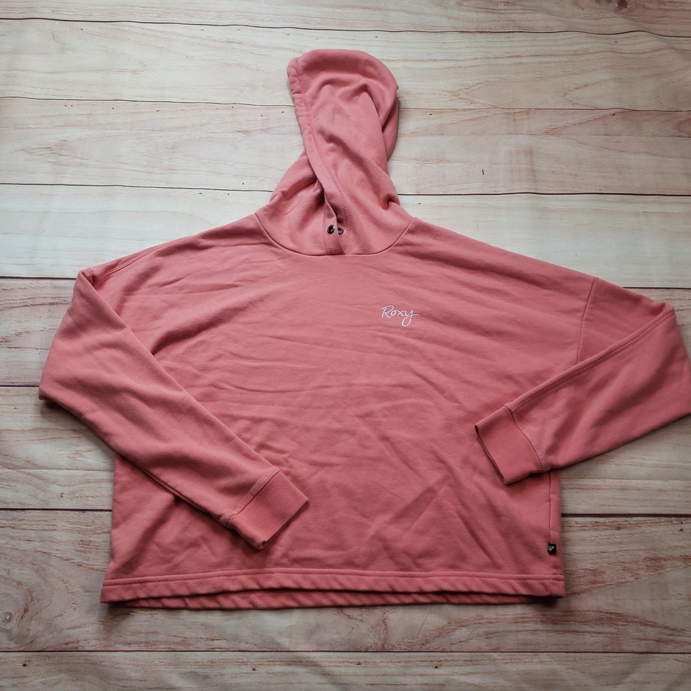 Roxy Hoodie Womens Large Pink Pullover Fleece Hooded Surfing Sweater Logo Ladies